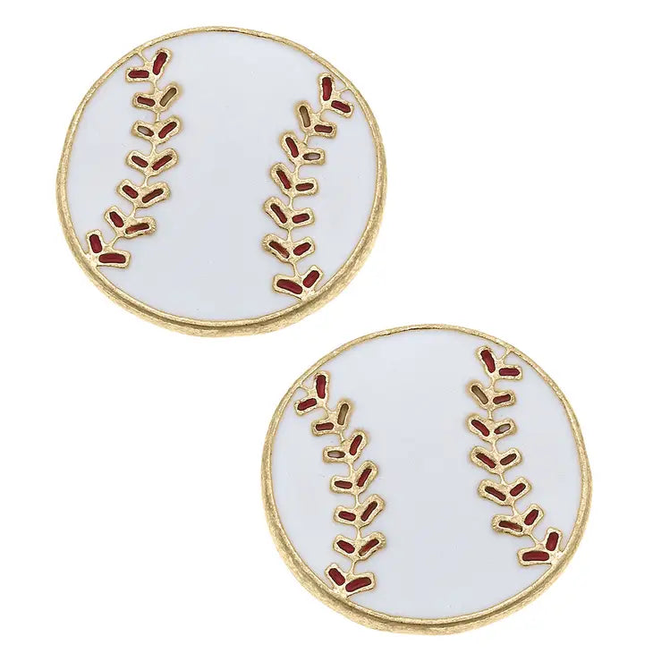 Baseball Enamel Stud Earrings - Gold/White