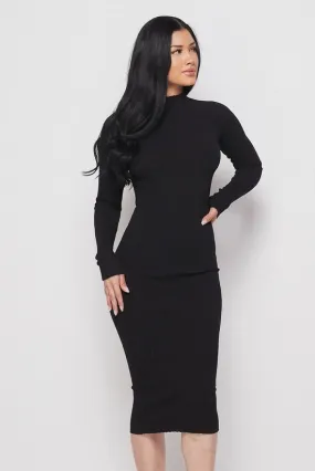 Black Long Sleeve Mock Neck Midi Knit Dress