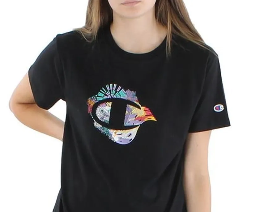 Champion Women's Printed Crewneck T-Shirt Black Size Medium