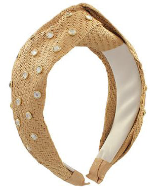 Crystal Studded Raffia Headband - Tan