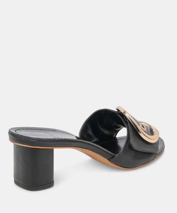 Dolce Vita Laika Block Heel Buckle Slides - Black Leather