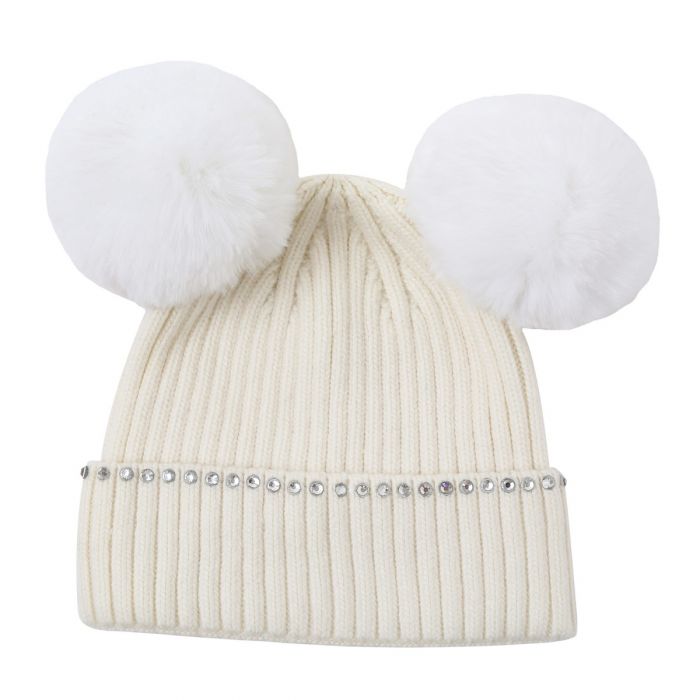 Double POM POM Hat White with Crystal Detail