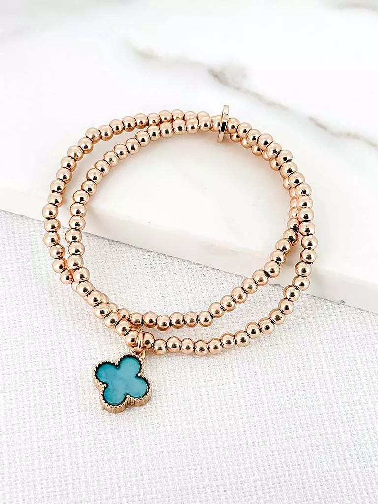 Envy Double Bead Clover Bracelet - Gold & Aqua