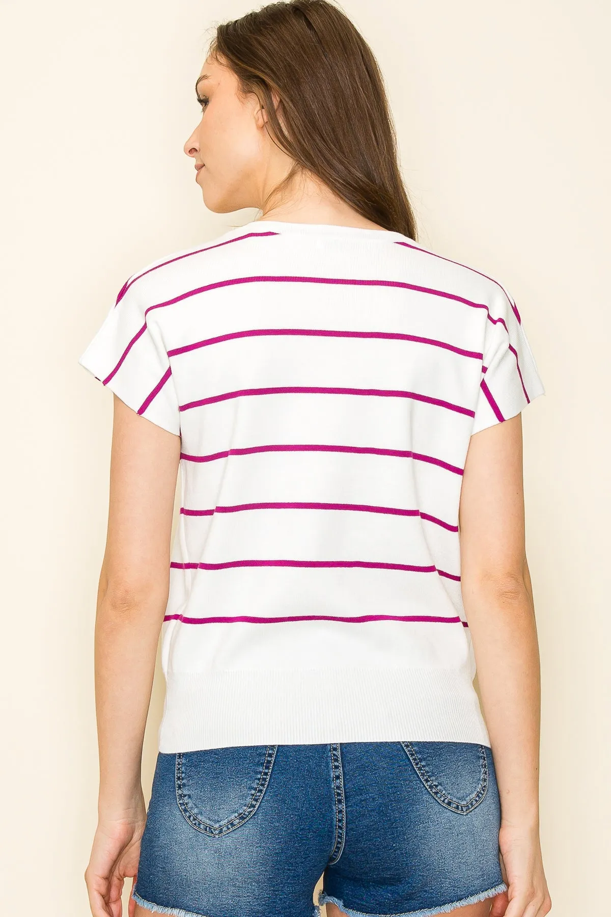 FINAL SALE - Magenta Striped Short Sleeve Pullover