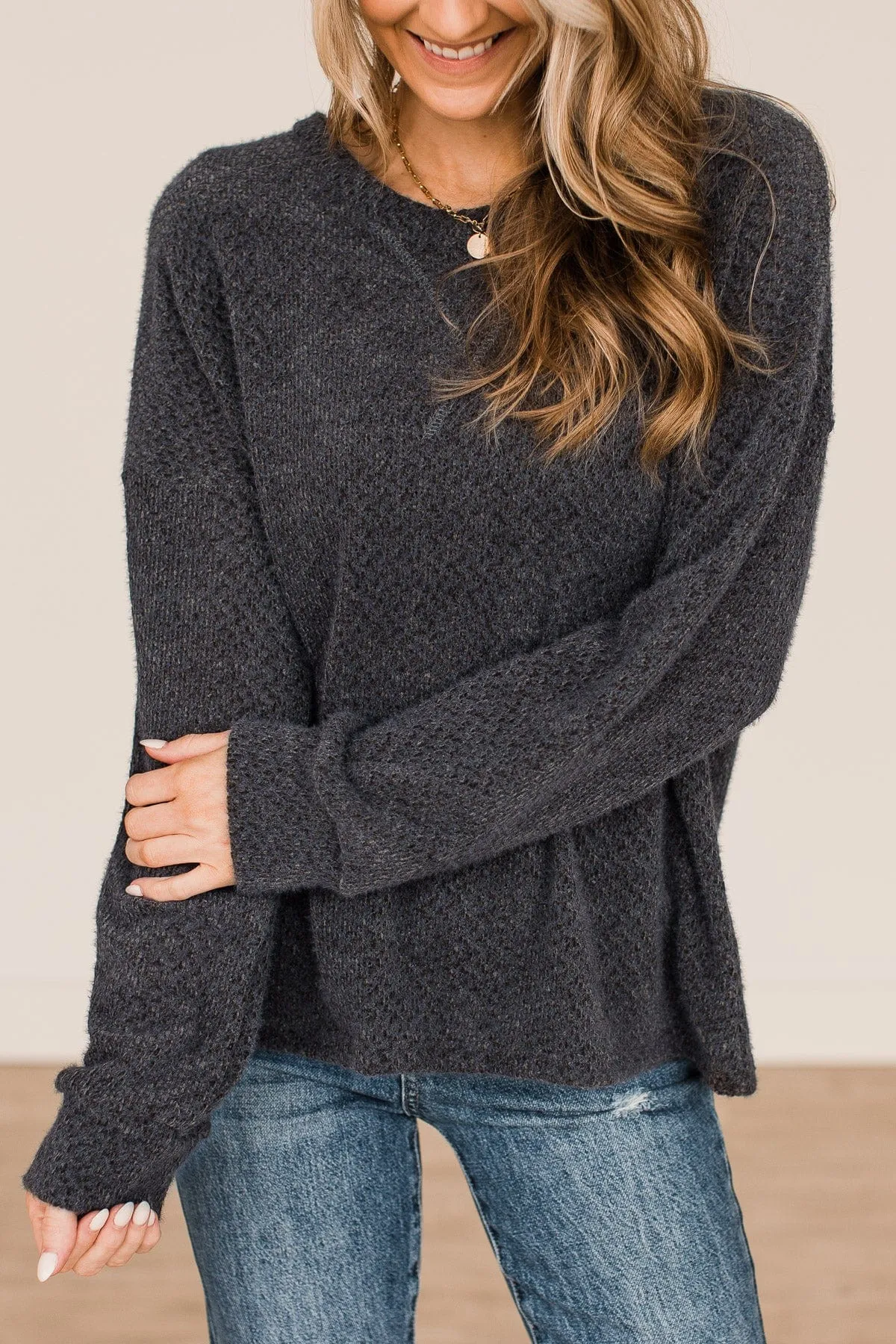 Getting There Long Sleeve Knit Top- Dark Charcoal