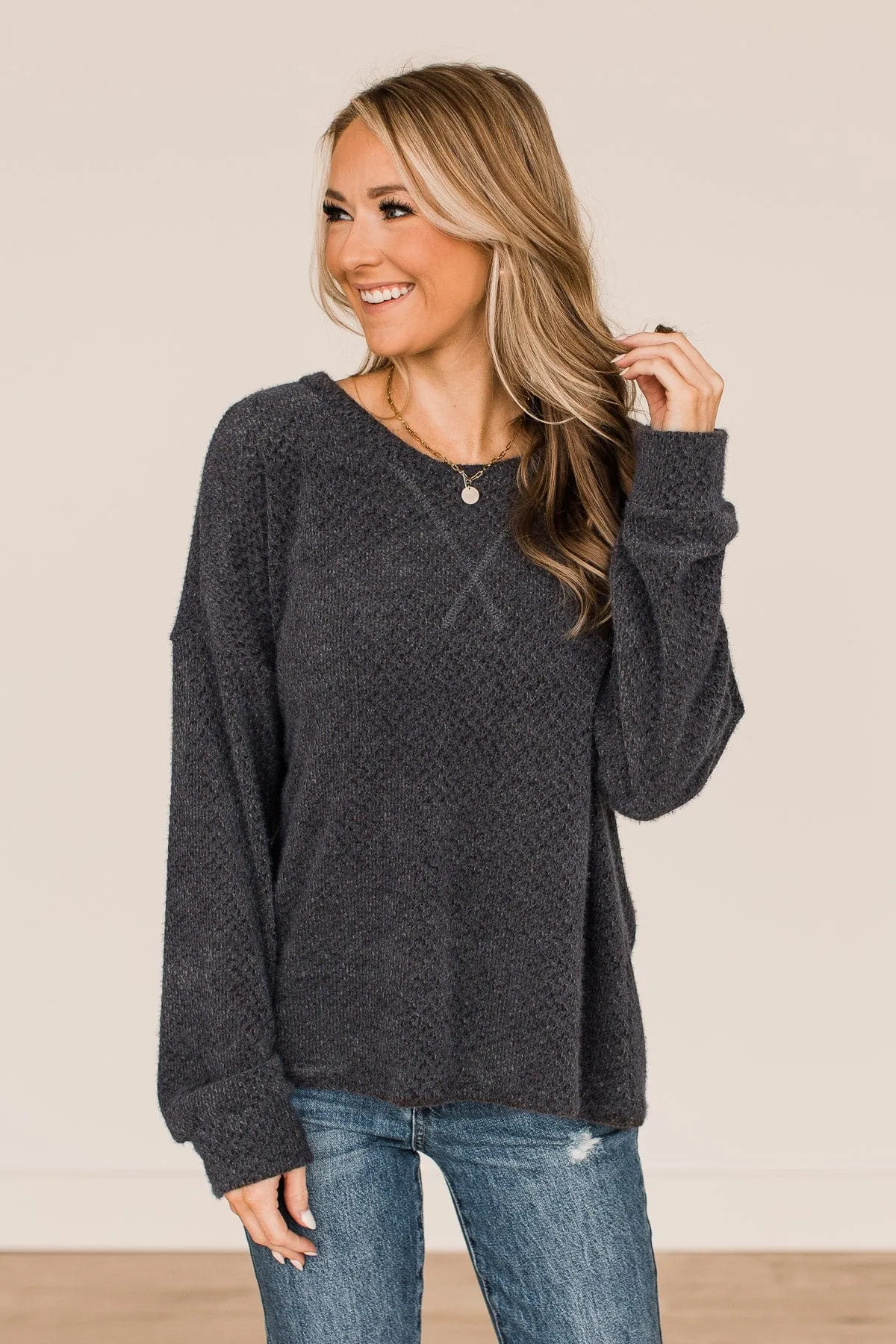 Getting There Long Sleeve Knit Top- Dark Charcoal