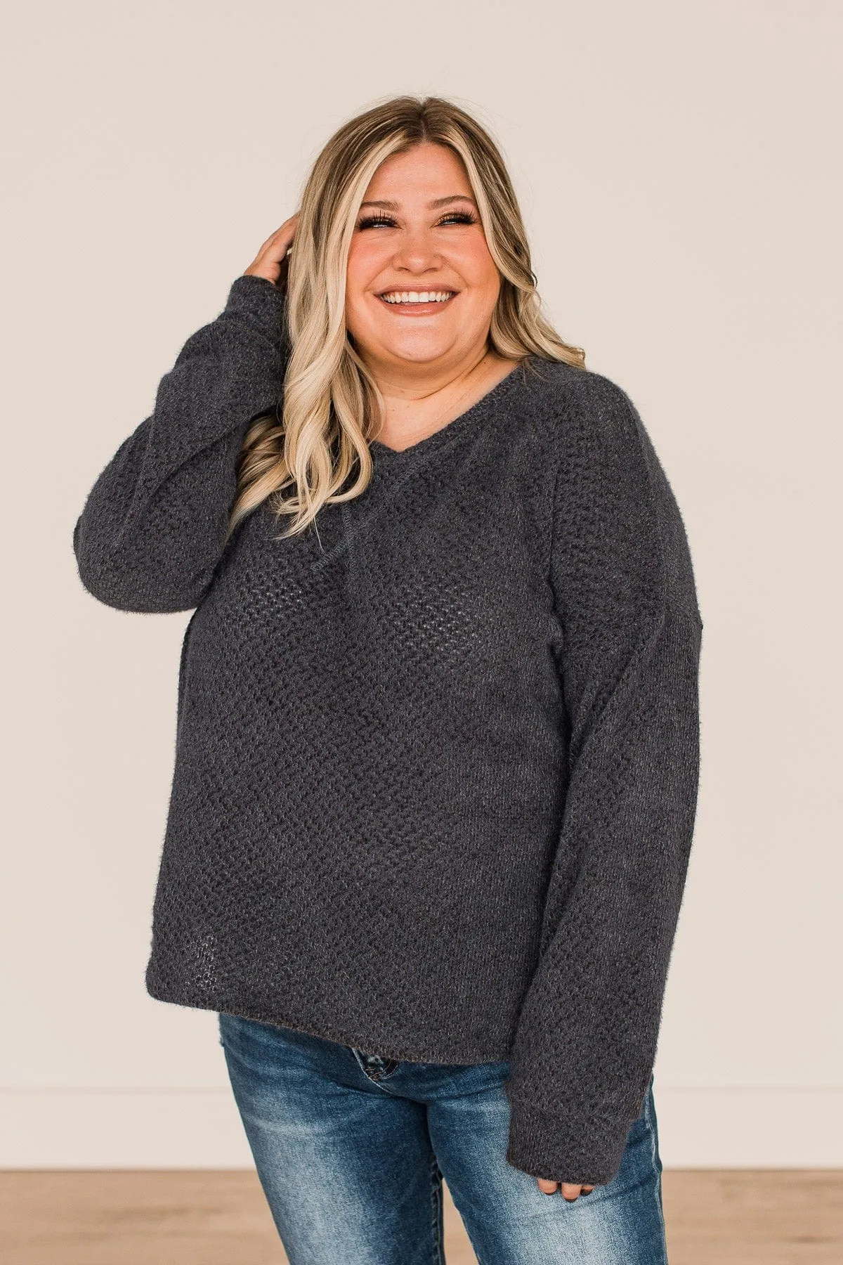 Getting There Long Sleeve Knit Top- Dark Charcoal