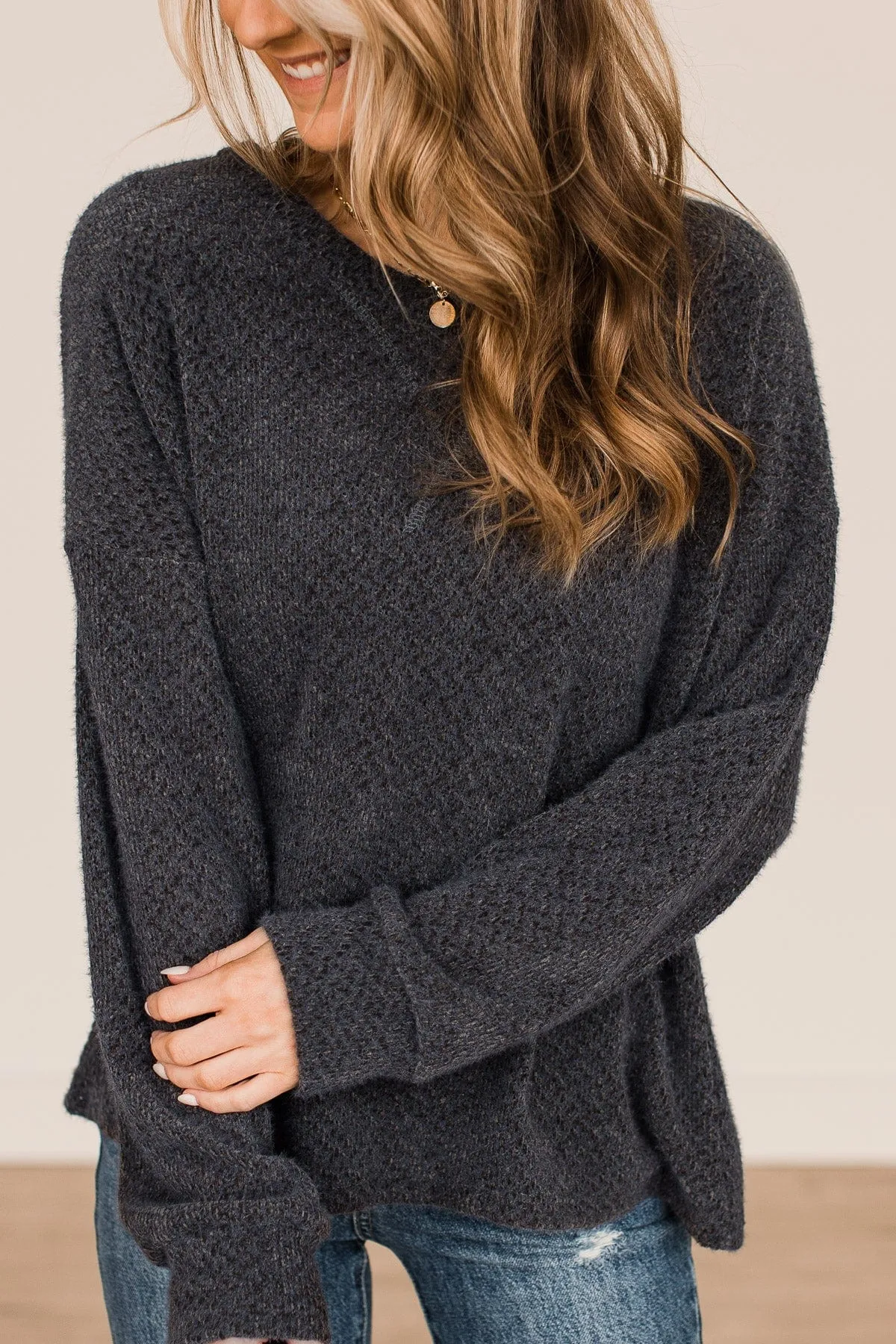 Getting There Long Sleeve Knit Top- Dark Charcoal