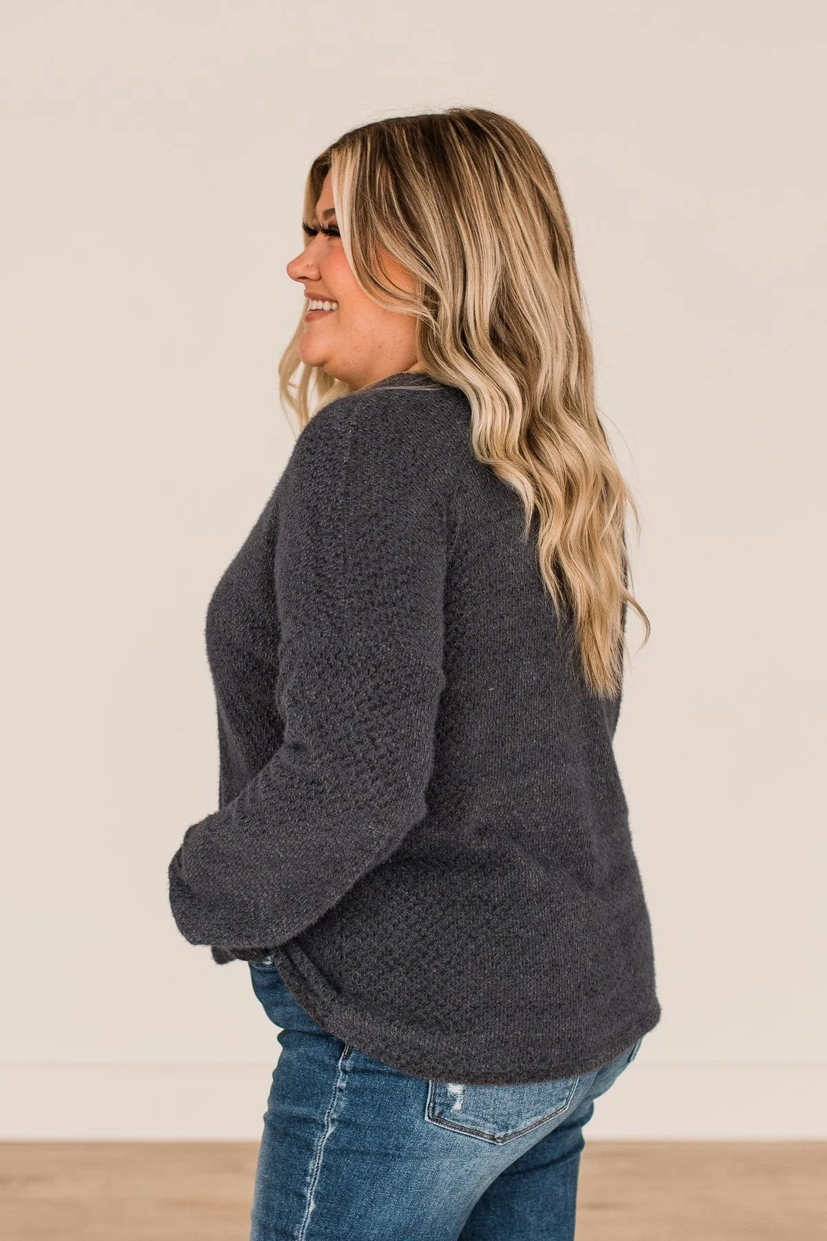 Getting There Long Sleeve Knit Top- Dark Charcoal