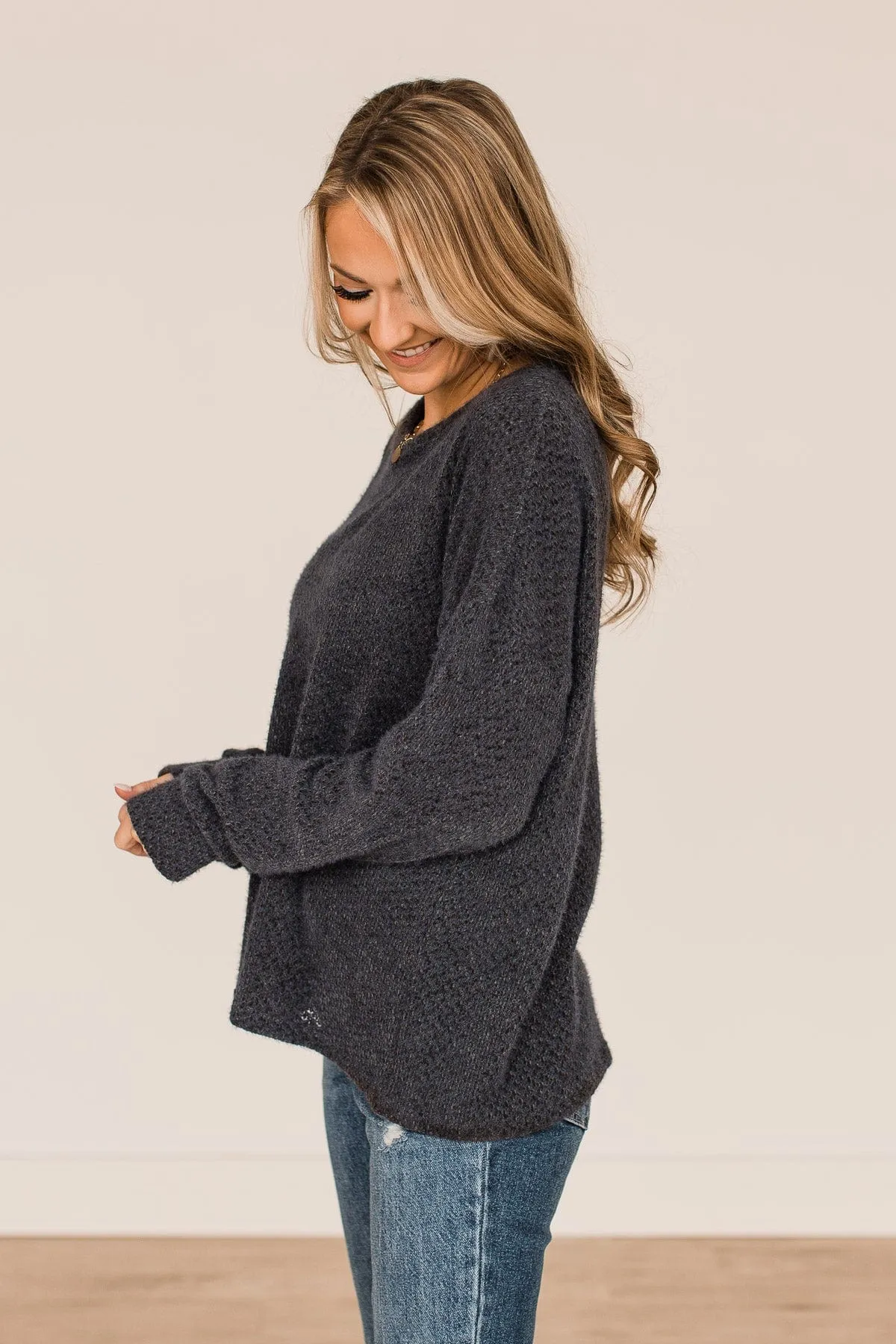 Getting There Long Sleeve Knit Top- Dark Charcoal