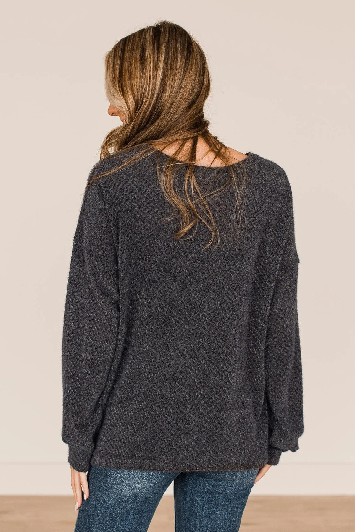 Getting There Long Sleeve Knit Top- Dark Charcoal