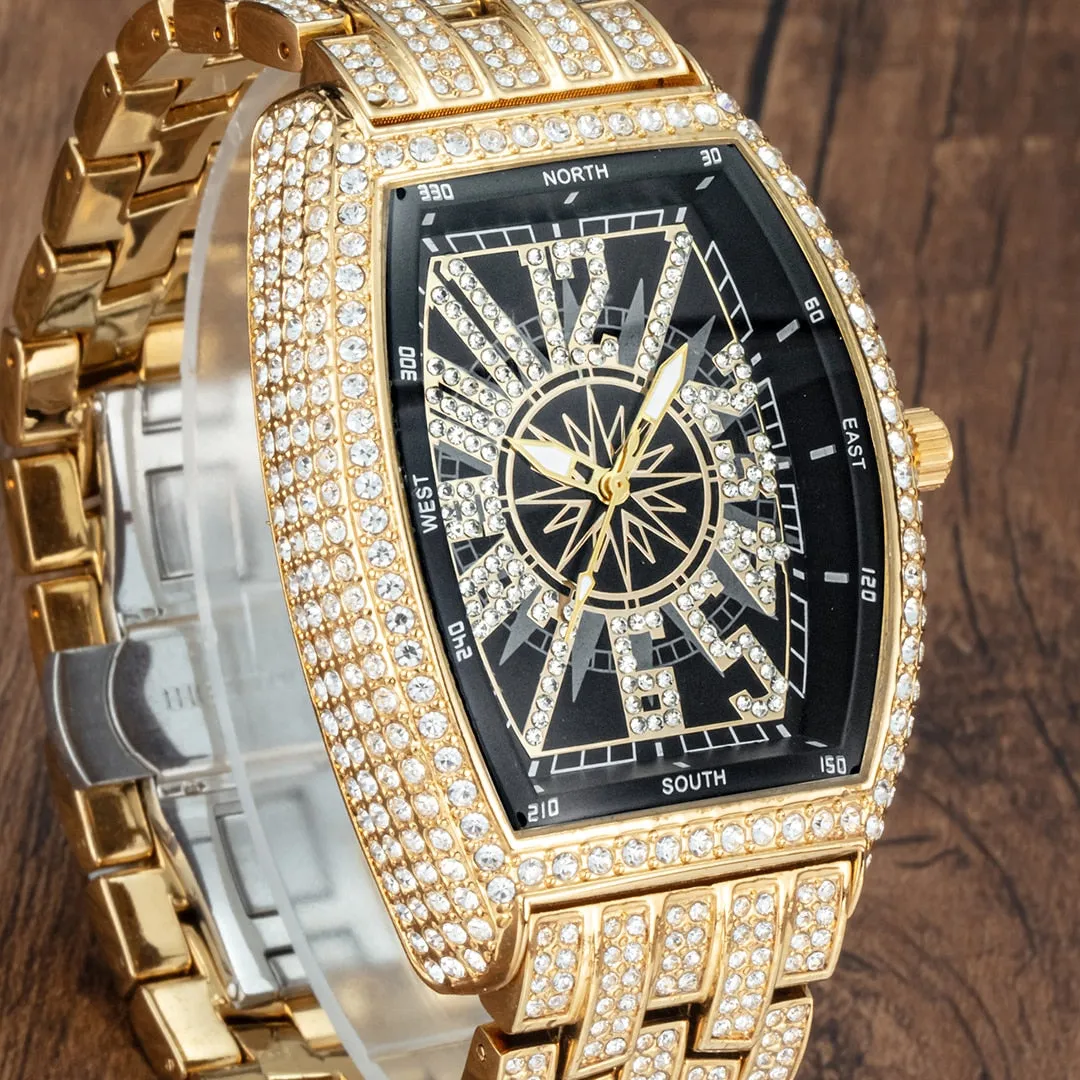 Men's Luminous Pointer Quartz Full Diamond Waterproof Wristwatch