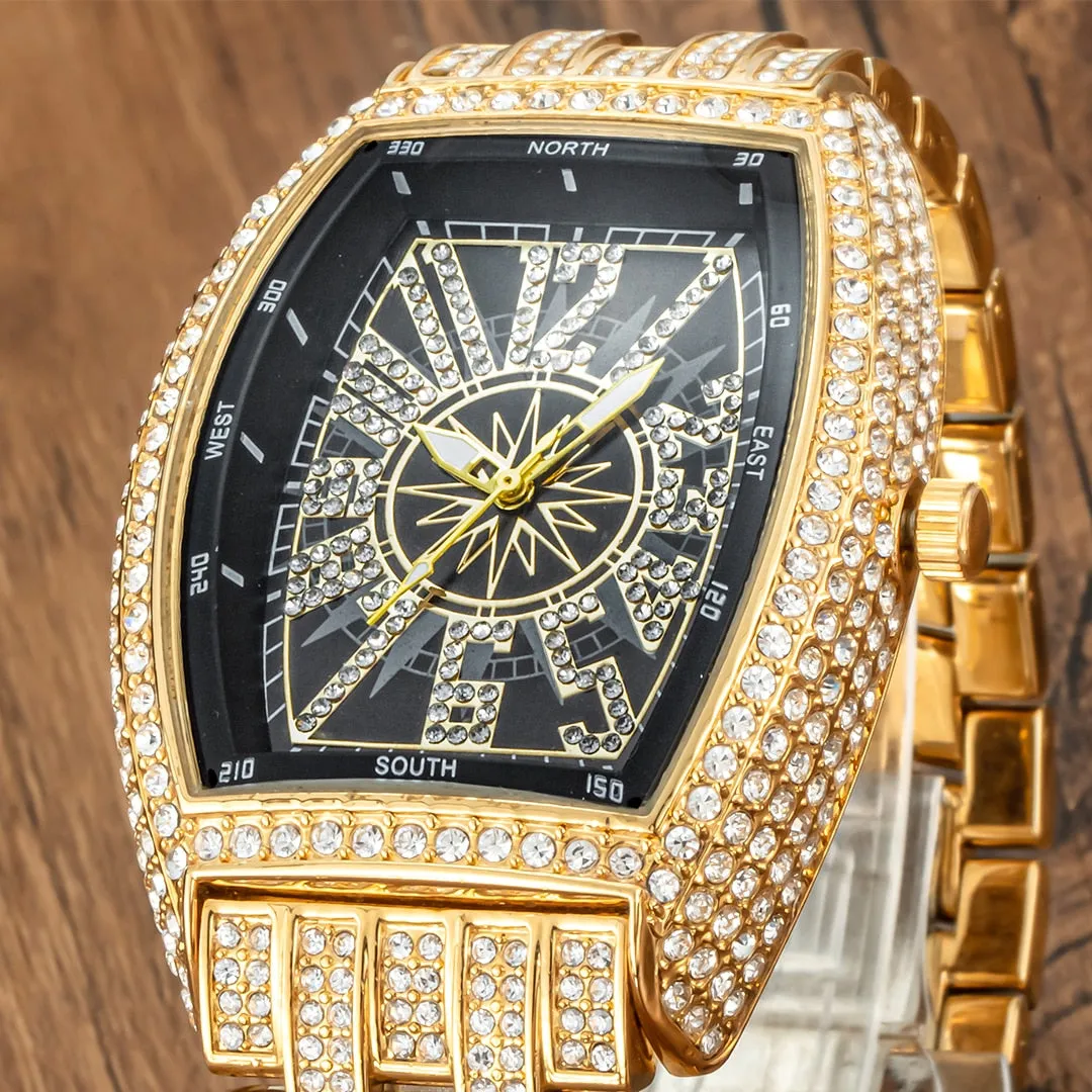 Men's Luminous Pointer Quartz Full Diamond Waterproof Wristwatch