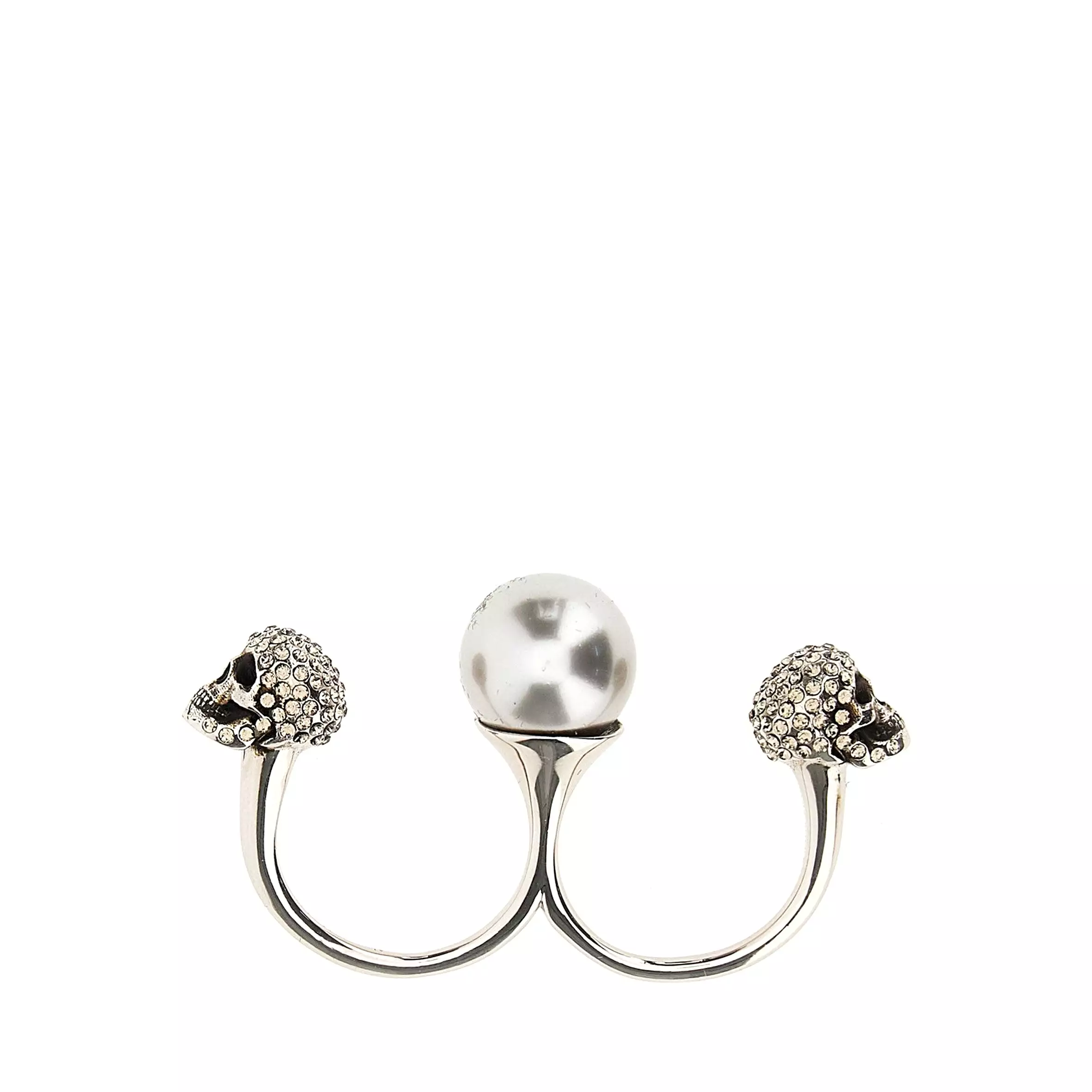 Pearl Skull Double Ring, Silver