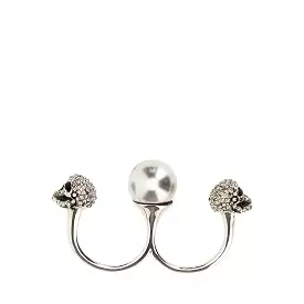 Pearl Skull Double Ring, Silver