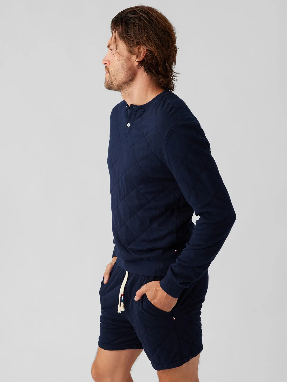 Quilted Henley Pullover - Indigo