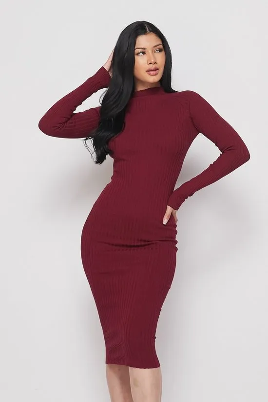 Red Long Sleeve Mock Neck Midi Knit Dress