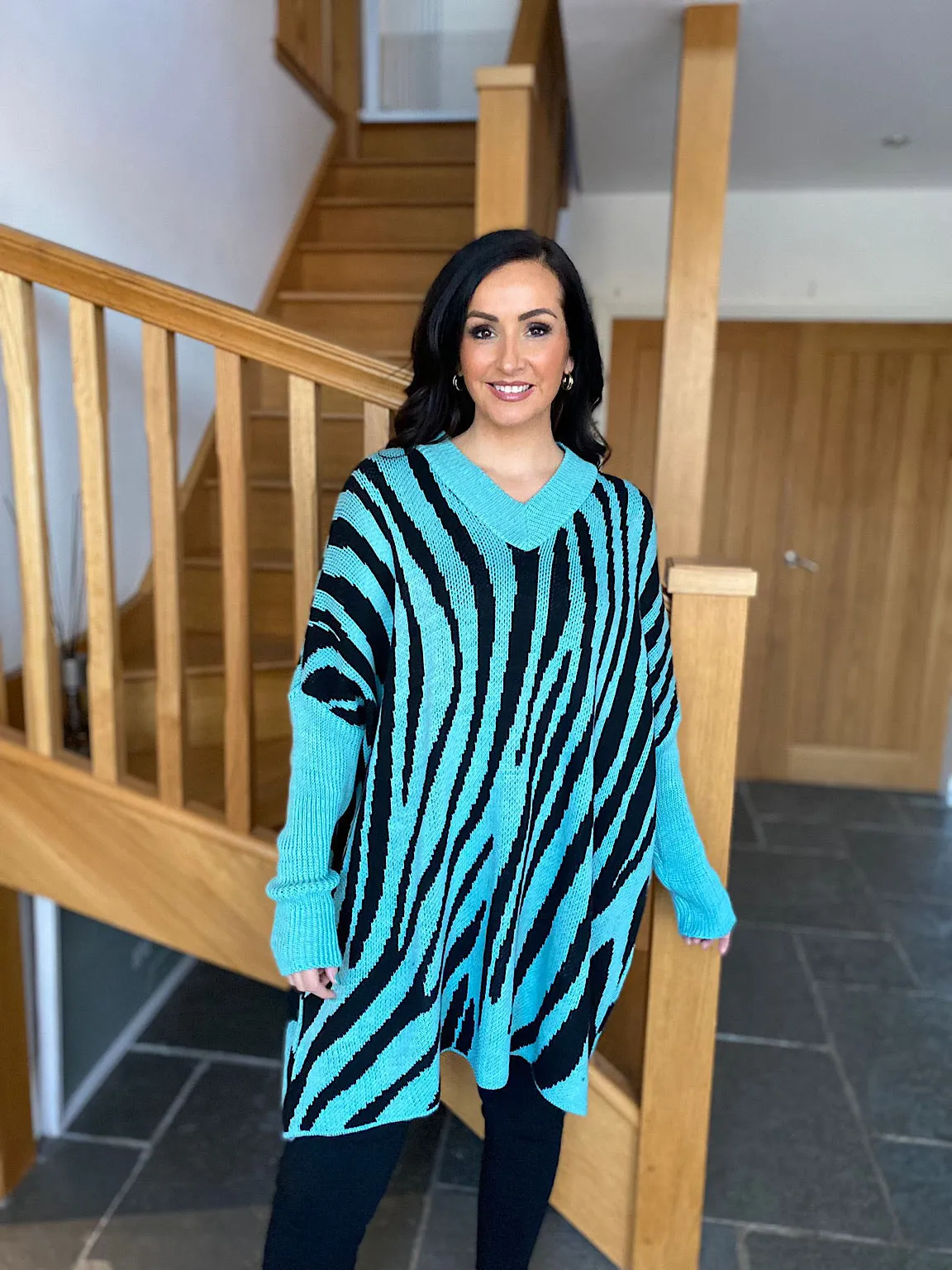 Teal Zebra V Neck Knit Kirsty