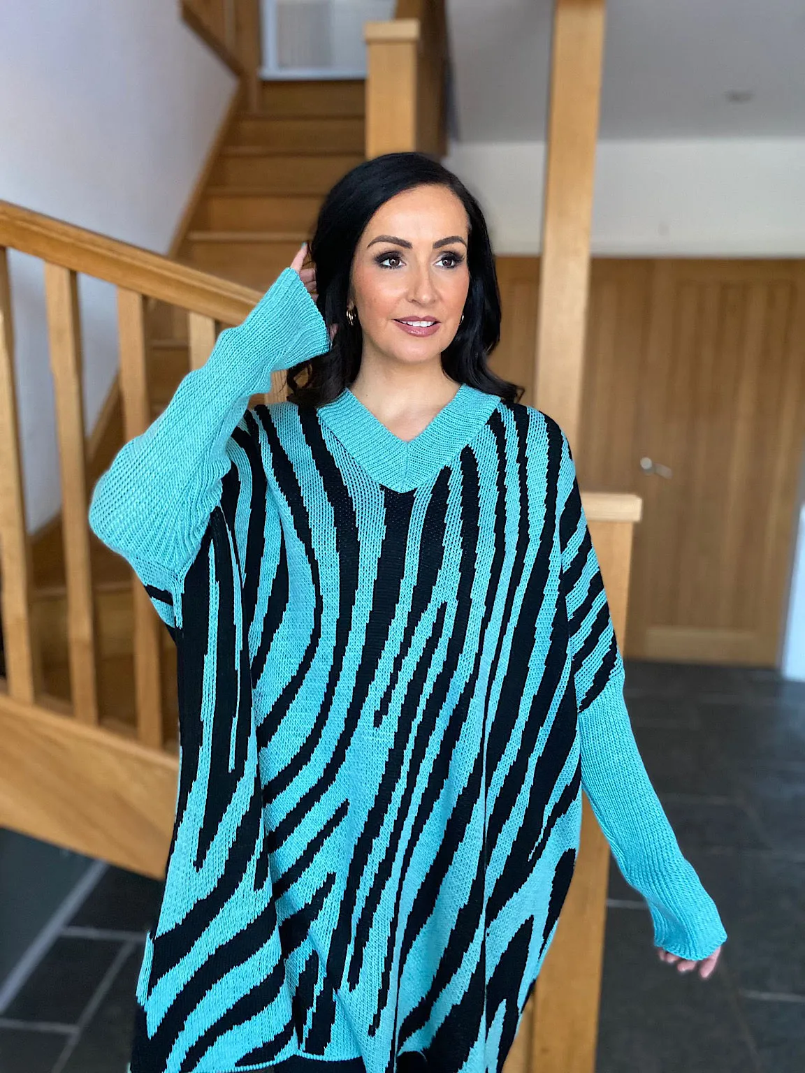 Teal Zebra V Neck Knit Kirsty