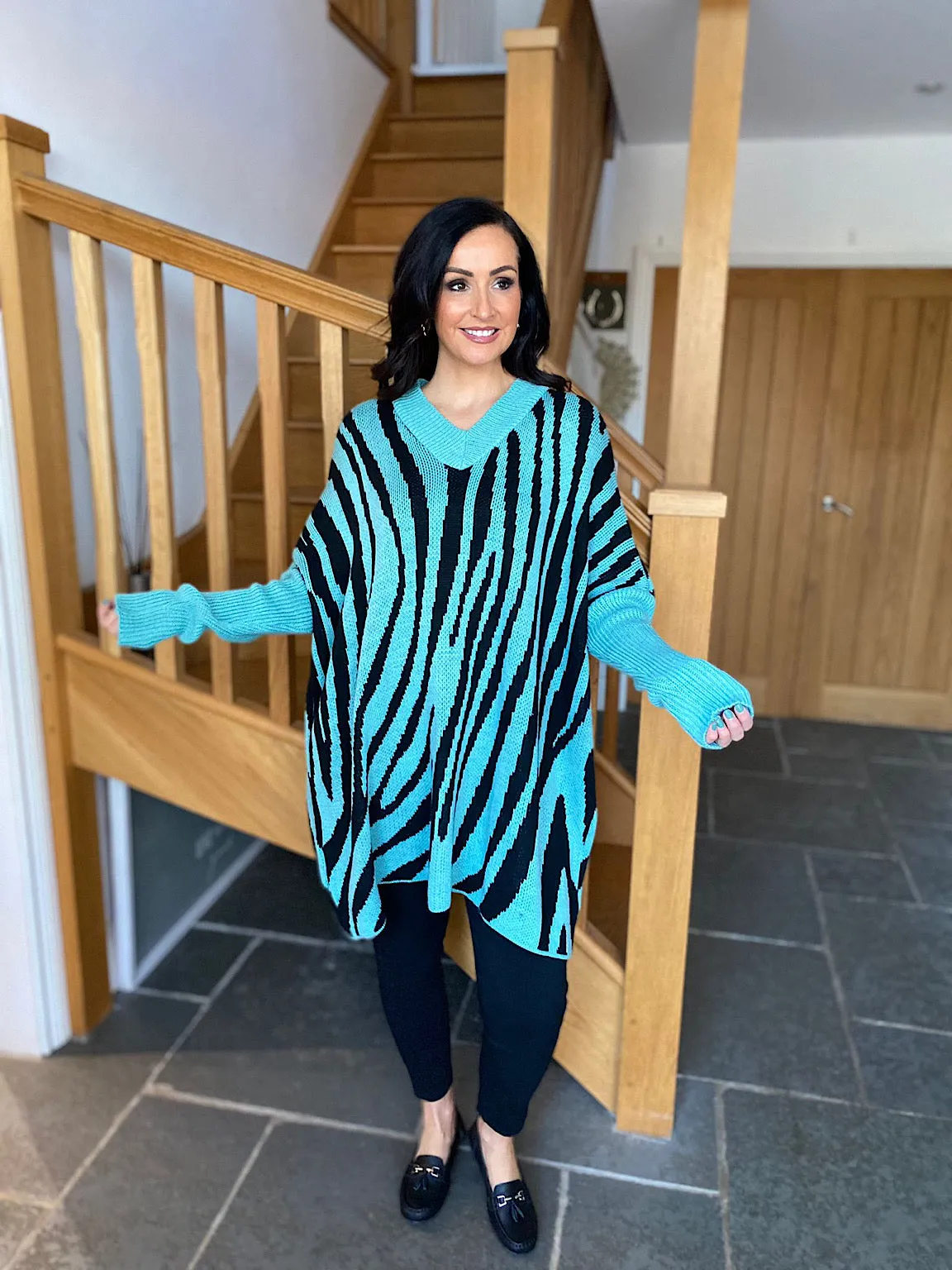 Teal Zebra V Neck Knit Kirsty