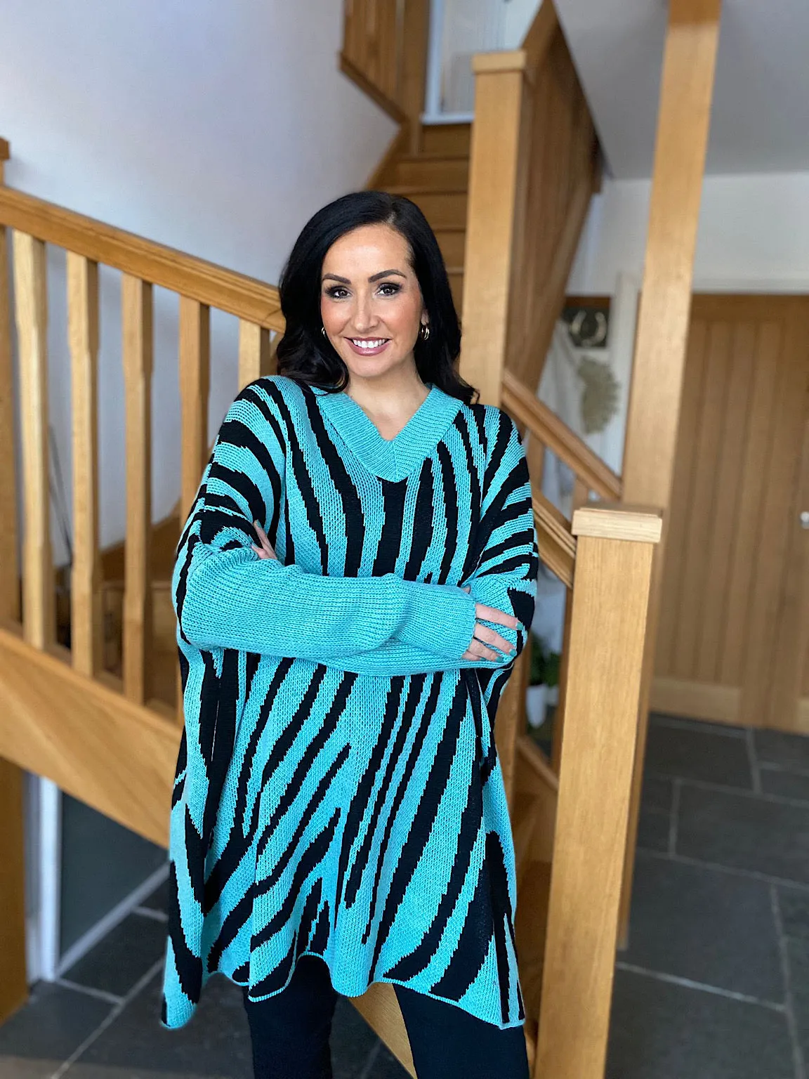 Teal Zebra V Neck Knit Kirsty