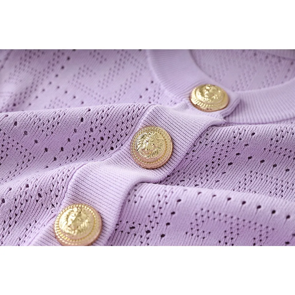 Thin Knitting Fabric Long Sleeve See-through Geometrical Pattern 4 Colors Fresh Purple Buttons Short Cardigans Women Sweater