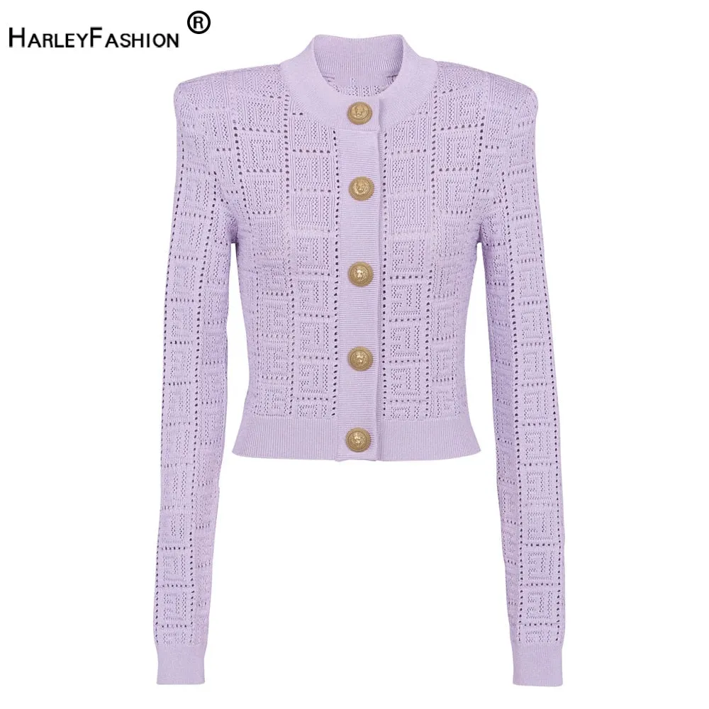 Thin Knitting Fabric Long Sleeve See-through Geometrical Pattern 4 Colors Fresh Purple Buttons Short Cardigans Women Sweater