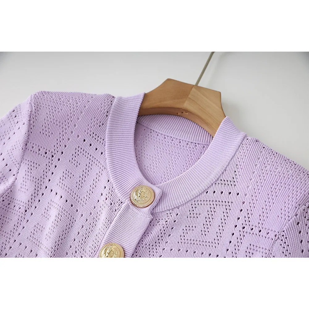 Thin Knitting Fabric Long Sleeve See-through Geometrical Pattern 4 Colors Fresh Purple Buttons Short Cardigans Women Sweater