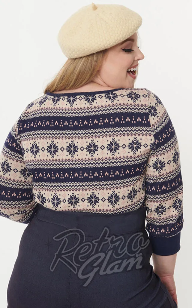 Unique Vintage Navy Dandy Cardigan in Snowflake Fair Isle - L & XL left