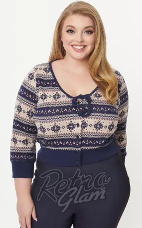 Unique Vintage Navy Dandy Cardigan in Snowflake Fair Isle - L & XL left