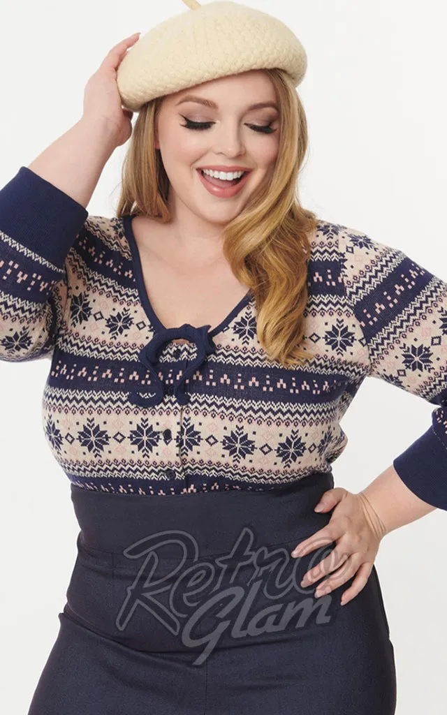 Unique Vintage Navy Dandy Cardigan in Snowflake Fair Isle - L & XL left