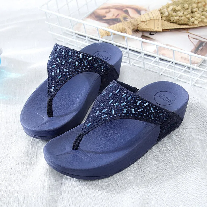 Women's Navy Blue Summer Crystal Diamond Gem Flat Flip Flop Slippers