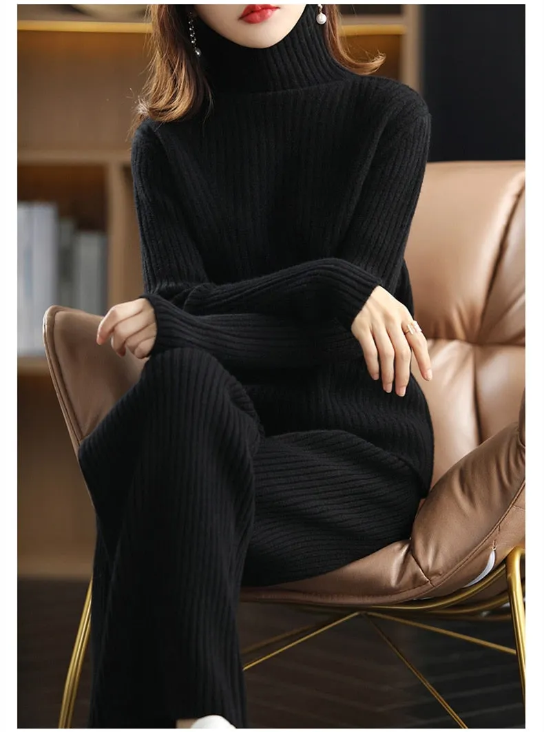 Women's Winter Turtleneck Loose Mid Waist Pullover Two Piece Set