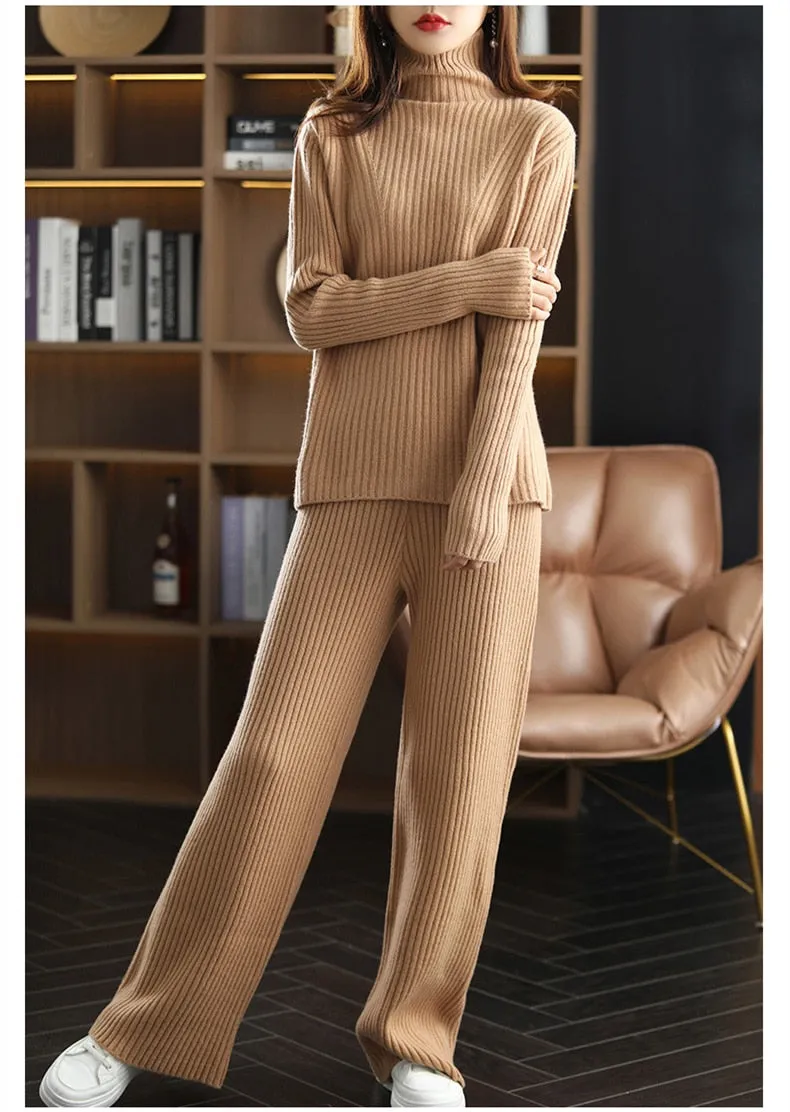 Women's Winter Turtleneck Loose Mid Waist Pullover Two Piece Set