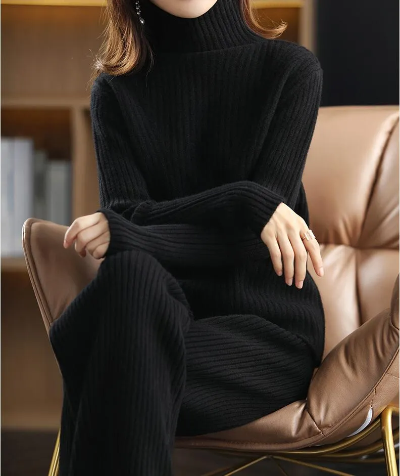 Women's Winter Turtleneck Loose Mid Waist Pullover Two Piece Set