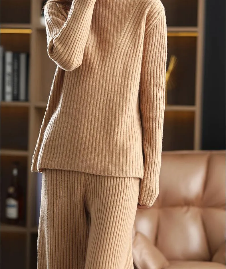 Women's Winter Turtleneck Loose Mid Waist Pullover Two Piece Set